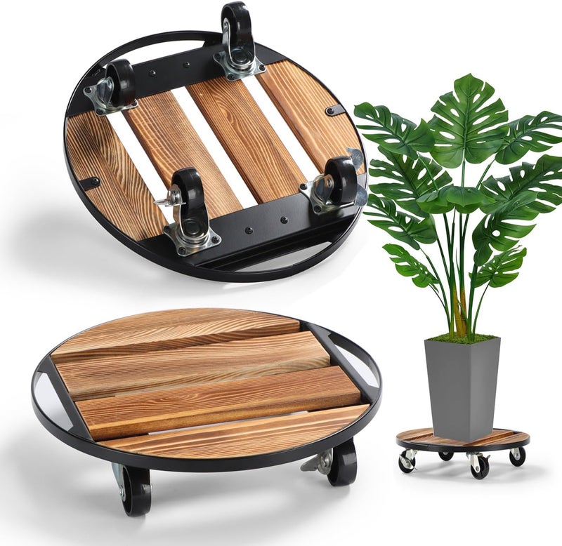 PRAQECZ 2 Pack Plant Stand with Wheels, 14" Rolling Plant Caddy 264 LB Heavy Duty, Iron and Wood Round Plant Dolly with Metal 360° Lockable Caster Wheels for Outdoor Indoor Large Plant Pots, Flower Pot, Patio - Image 1